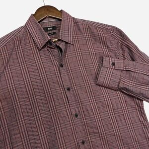 Hugo BOSS Slim Fit Plaid Dress Shirt Mens Size M Red‎ Navy Long Sleeve EUC